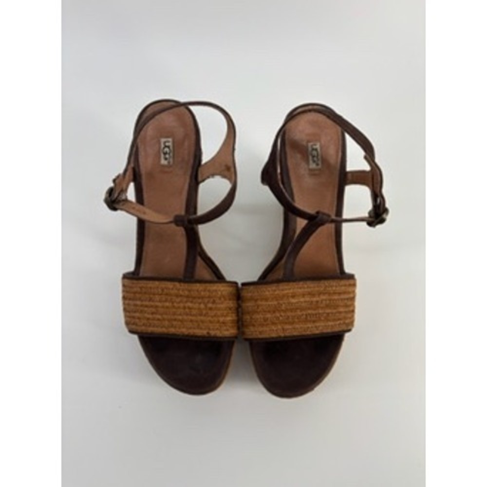 UGG Women Brown Suede Raffia Platform Wedge Sandals T-Strap Ankle Buckle Size7.5